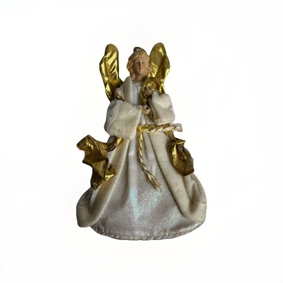 Vintage Gold Wing Angel Tree Topper White Velvet Gown Classic Christmas Angel - Picture 3 of 10